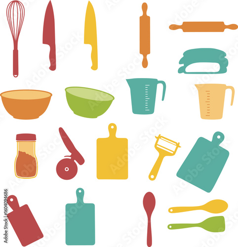 Colorful Kitchen Utensils & Cooking Tools Set: Vibrant Icons for Culinary Themes, Home Baking, Restaurant Concepts, and Food Preparation Graphics.