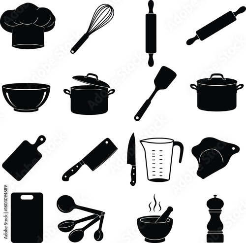 Black & White Kitchen Utensils & Cooking Tools Set: Silhouettes for Culinary Themes, Chef Concepts, Baking, and Restaurant Menus.