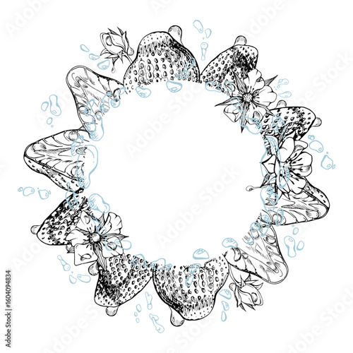 Strawberry berries full and cut in half wreath with flowers, water splash, dew drops hand drawn in vector ink. Ripe garden pineberry strasberry. Isolated circle frame. Food grocery, preserves cookbook