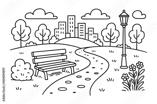 Peaceful park scene drawing with a winding path, park bench, streetlight, and city view.