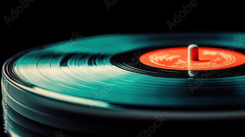 Abstract Unique Macro Image Concept. Close-Up of Spinning Vinyl Record on Turntable Against Dark Background, Retro Music Vibes