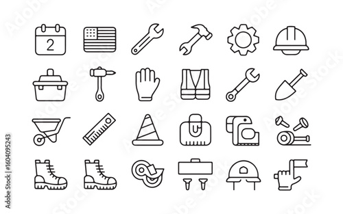 Flat Labor Day Icon Set – Calendar Sept 2, USA Flag, Tools, Helmet, Badge & Gear Icons