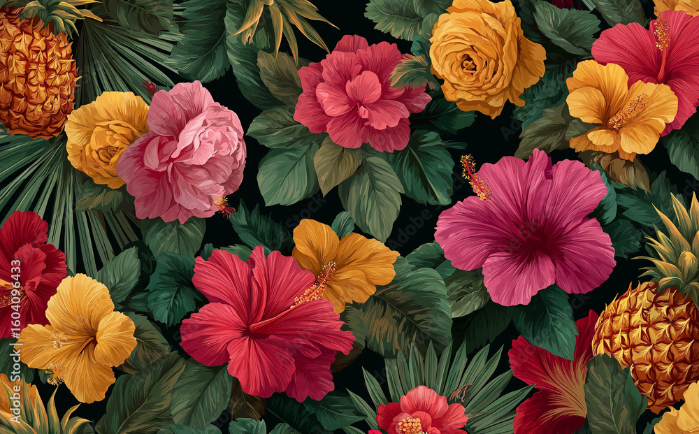 Fototapeta premium A seamless pattern of tropical flowers and pineapples, with vibrant colors on a purple background.