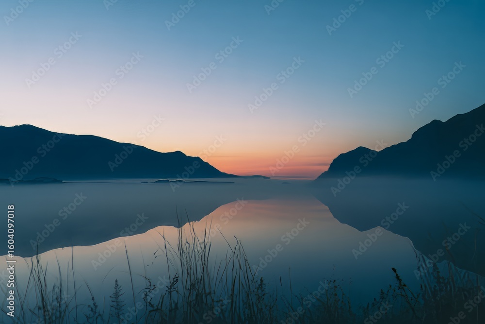 Fototapeta premium Calm Mountain Lake Reflection at Sunrise with Pastel Sky and Misty Water Surface Serene Nature Landscape
