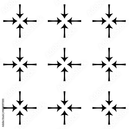 A seamless pattern of four black arrows pointing to a central point, symbolizing focus, convergence, center of attention, meeting point, integration, or pressure.