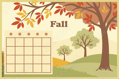A charming illustration depicts a fall landscape with colorful autumn leaves adorning trees and a blank calendar ready for seasonal planning