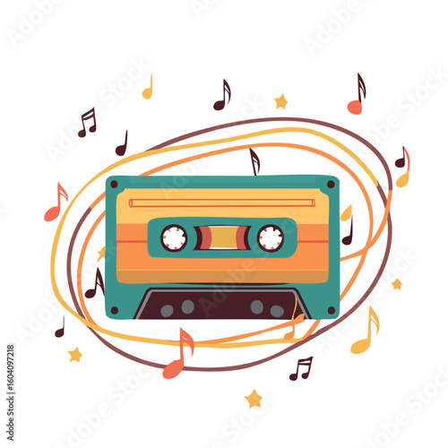 Retro audio cassette with unspooling tape and musical notes. A vibrant illustration of a nostalgic music mixtape from the 80s.