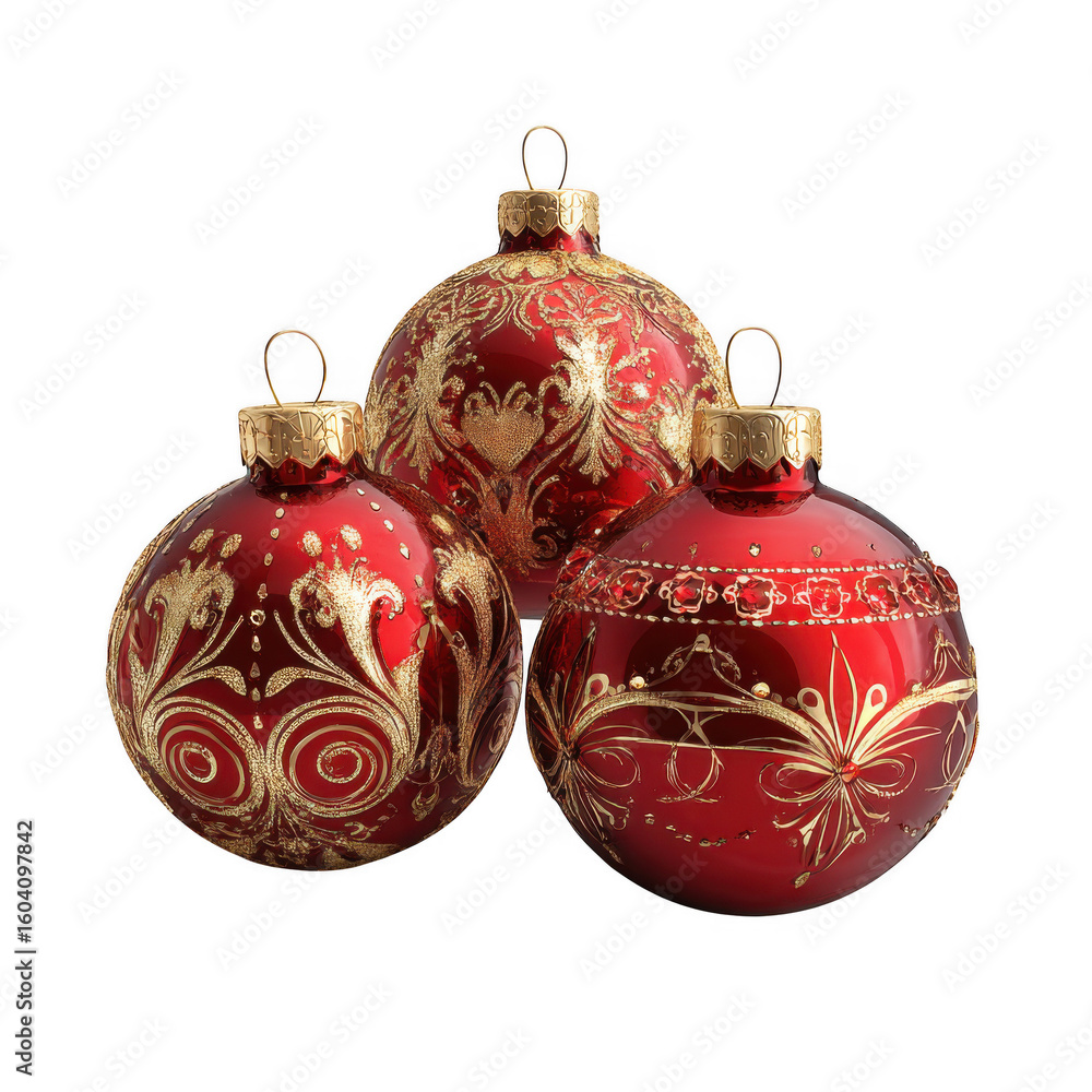 A Gleaming Red Christmas Ball Trio on a White and Transparent Background. A Gleaming Red Christmas Ball Trio on a White and Transparent Background.