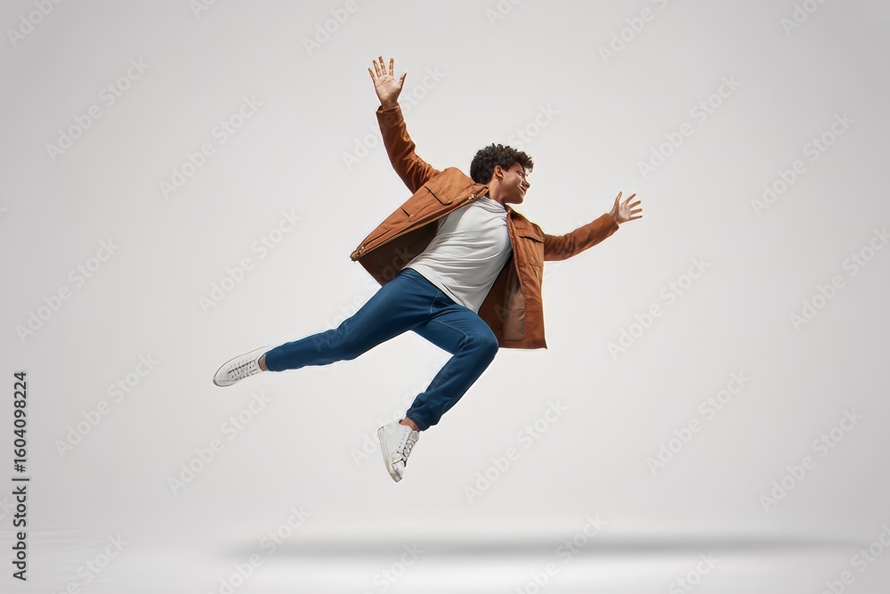 Excited young man in mid air jumping with outstretched arms expressing joy and success against a light gray background Excited young man in mid air jumping with outstretched arms expressing joy and success against a light gray background