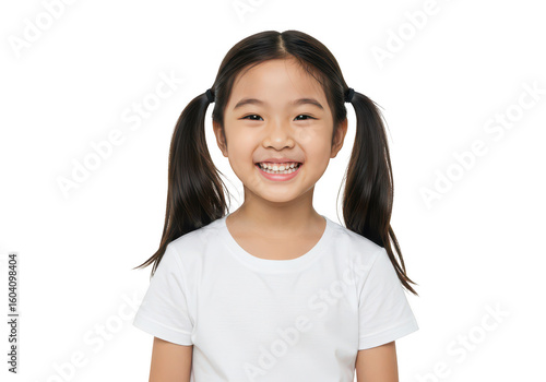 Happy young asian girl with pigtails wearing a white t shirt isolated on transparent background