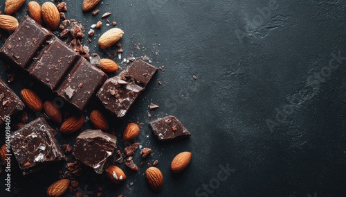 Dark chocolate bar with almonds on dark background