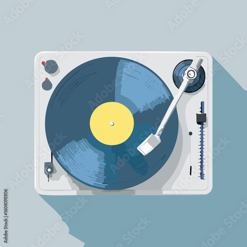 Top view of a retro DJ turntable playing a blue vinyl record. Modern flat vector illustration of audio equipment.