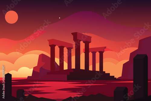 Mysterious gothic city street with a red glowing door at twilight