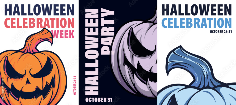 Obraz premium Halloween celebration, party poster pack. Vector illustrations with pumpkin face for social media campaign, print, card, event announcement, placard, leaflet, invitation
