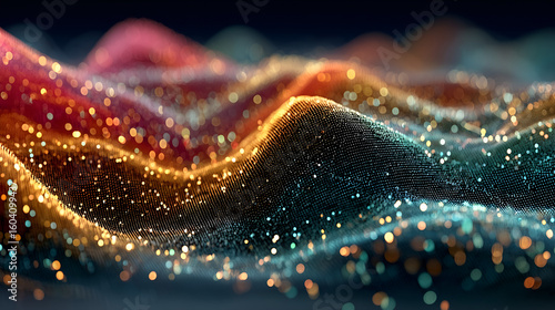 Digital Waveform: A mesmerizing abstract digital rendering, featuring vibrant gradients and a field of sparkling particles that dance across the undulating surface.