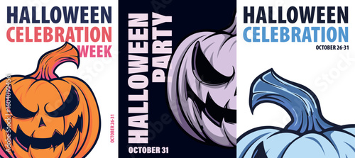 Halloween celebration, party poster pack. Vector illustrations with pumpkin face for social media campaign, print, card, event announcement, placard, leaflet, invitation