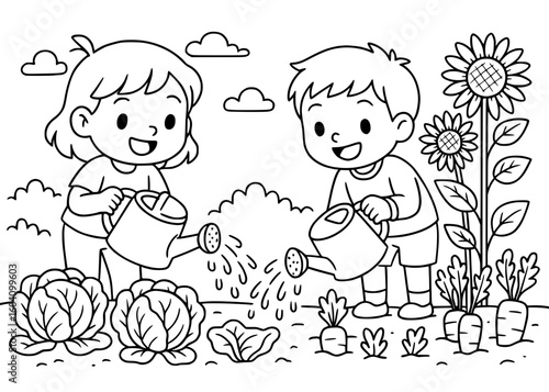 Children watering garden flowers and vegetables outline coloring page