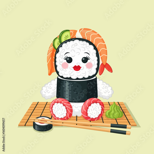 Cute Sushi Character Sitting on Mat with Chopsticks and Wasabi