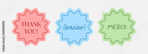 A collection of colorful thank you stickers in various languages. Perfect for gift packaging, envelopes, scrapbooks, or printable labels.