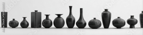 Row of black vases of various shapes