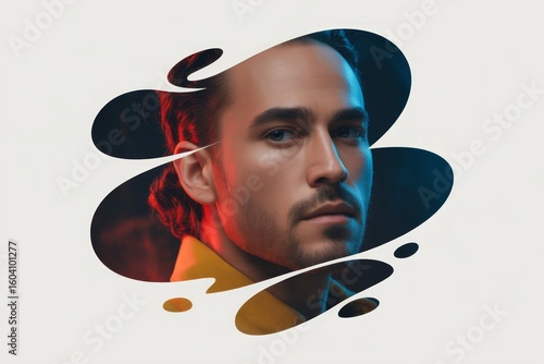 Stylish portrait of a handsome man with artistic cutout background showcasing modern masculinity and confident self expression in vibrant colors