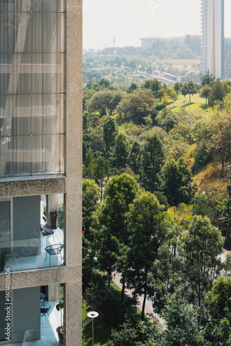Tall building rising next to dense forest with sun filtering through glass facade, strong contrast for themes of green cities, sustainable architecture, transition and innovation