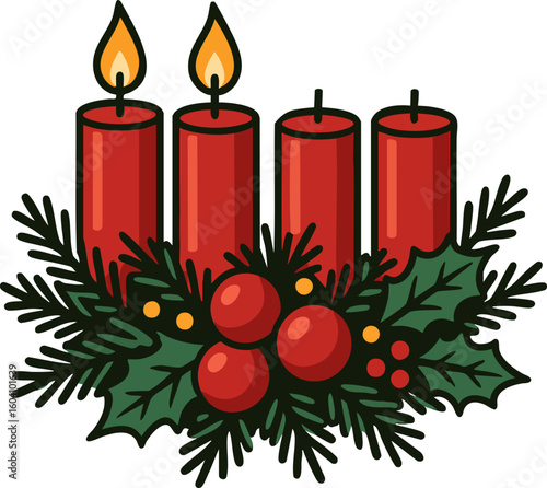 Second Advent wreath with two burning candles and festive winter decoration