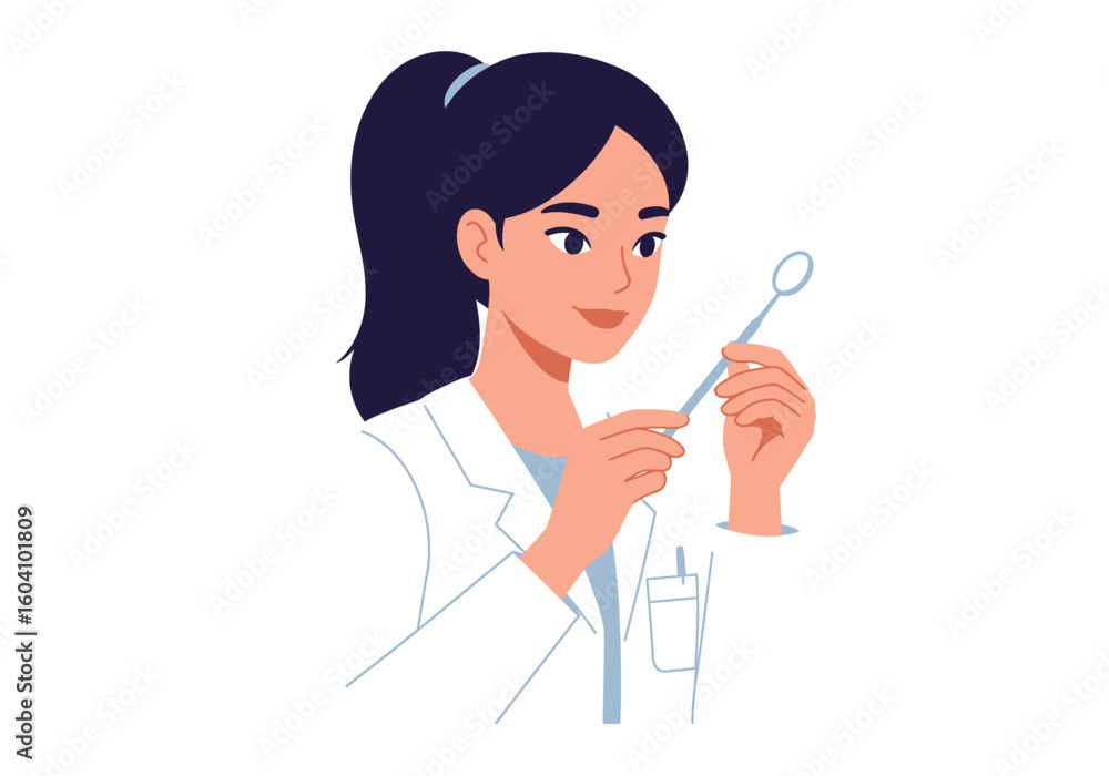 A dentist in a white coat inspects a dental mirror A dentist in a white coat inspects a dental mirror