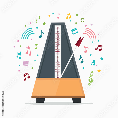 Metronome vector illustration with swinging pendulum and colorful musical notes. Music tempo and rhythm concept design.