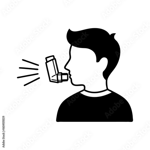 Person Using Asthma Inhaler, Black and White Medical Illustration