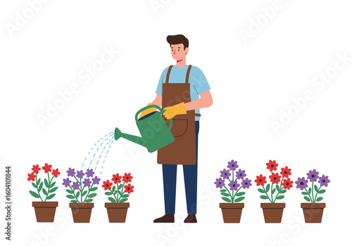 A gardener waters potted flowers with a watering can