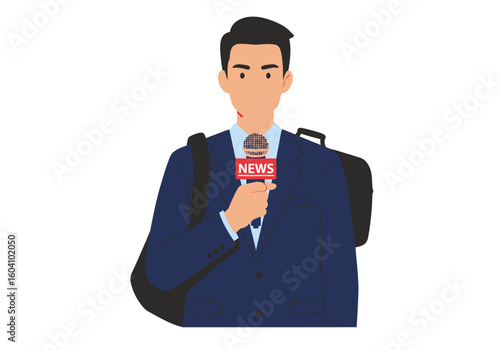 A news reporter holds a microphone with the word NEWS on it wearing a suit with bags on his shoulders
