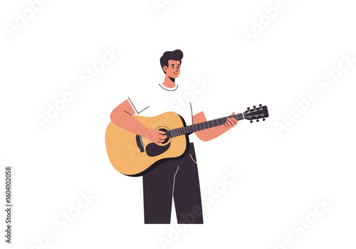 A person playing an acoustic guitar wearing a white tshirt and dark pants against a white background