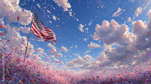 American flag under a blue sky: An American flag dances proudly against a backdrop of a stunning blue sky dotted with fluffy clouds and confetti in a vibrant, patriotic scene.
