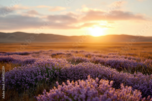 breathtaking view of colorful wildflower meadows illuminated by warm glow of sunset