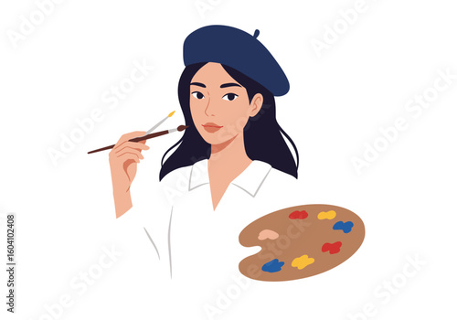 A woman artist with a beret holds paintbrushes and palette with dabs of paint