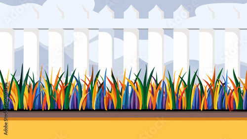 Colorful abstract grass and white fence in a vibrant landscape  