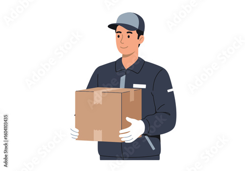 Delivery worker holds a cardboard box with whitegloved hands He wears a cap and dark work uniform