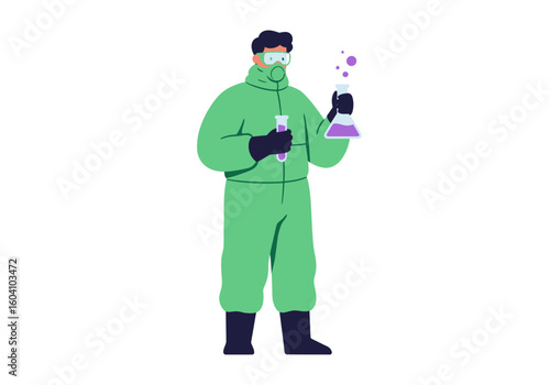 Figure in a green hazmat suit holds vials with purple liquid and bubbles indicating scientific research