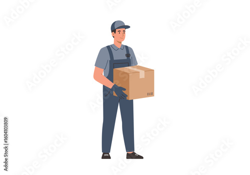 Man in work clothes and cap carries a brown box