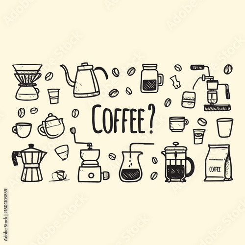 Coffee brewing equipment and beans illustration kettle