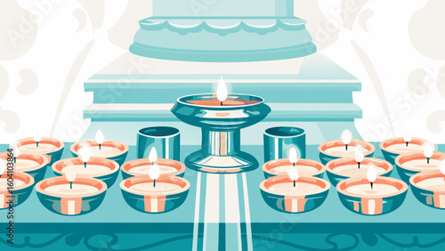 Traditional oil lamps arranged on altar for religious ceremony  