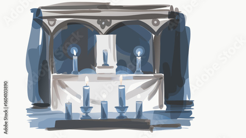 Candle altar with blue decorations and soft lighting in a dim room  
