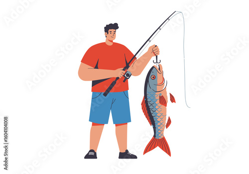 Man with rod holds a hooked fish