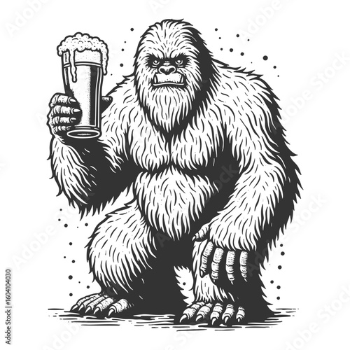grumpy yeti or bigfoot creature sitting at a table, holding a foamy beer glass sketch engraving fictional character vector illustration. Scratch board imitation. Black and white image.