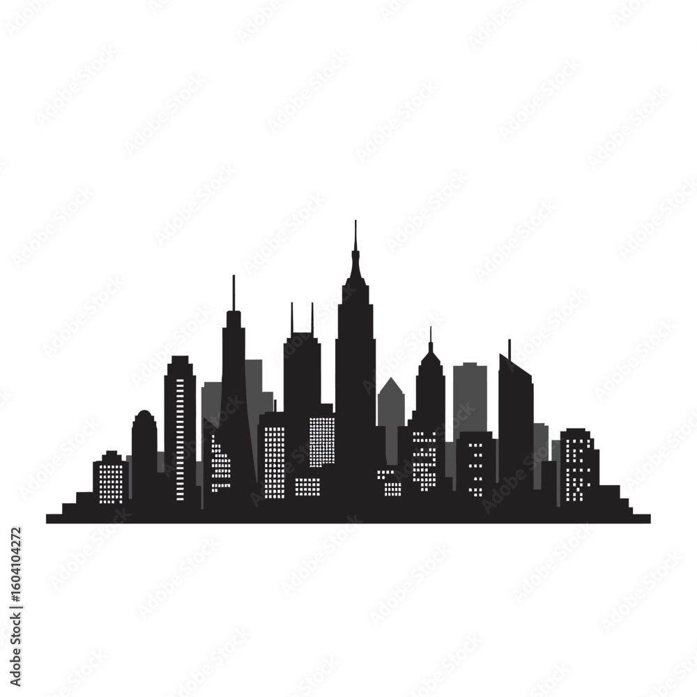Naklejka premium Black and White Cityscape Silhouette with Skyscrapers and Buildings on White Background