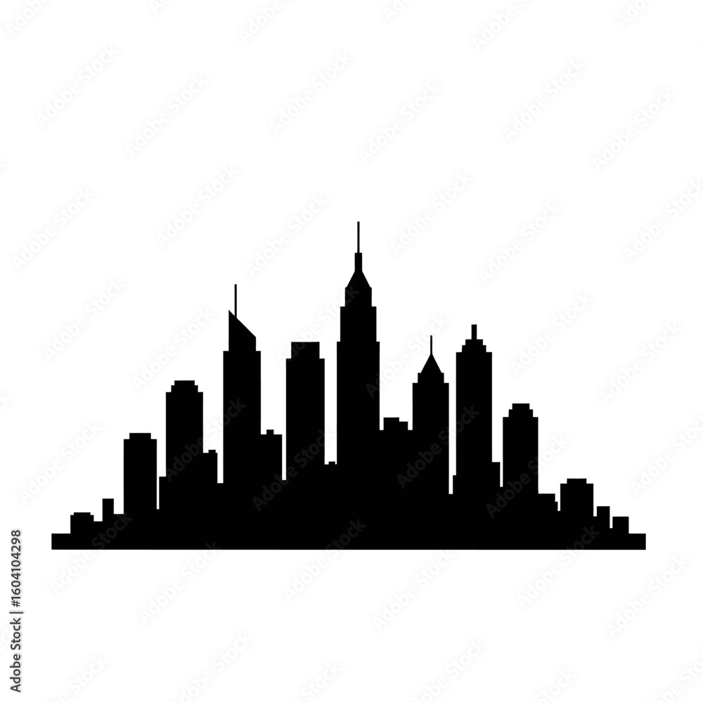 Fototapeta premium Black and White Cityscape Silhouette with Skyscrapers and Buildings on White Background