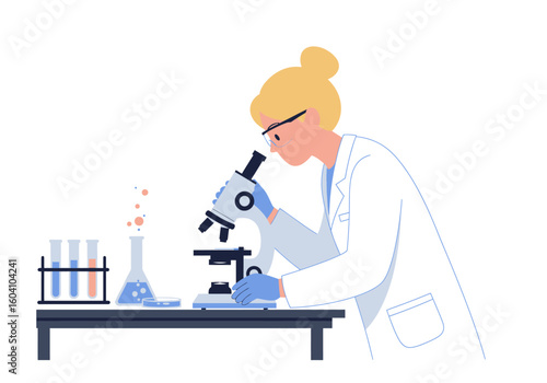 Scientist in lab coat at a microscope test tubes flasks visible