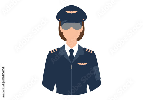 Pilot with dark blue uniform hat and glasses with brown hair