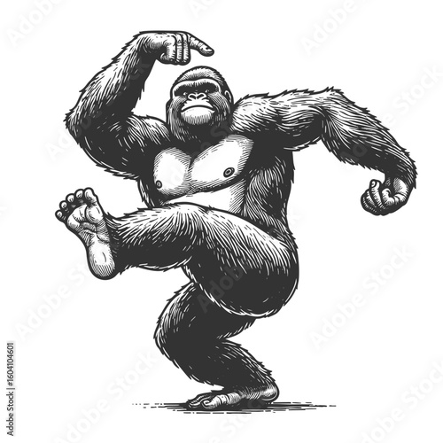 gorilla dancing sketch engraving fictional character vector illustration. Scratch board imitation. Black and white image.